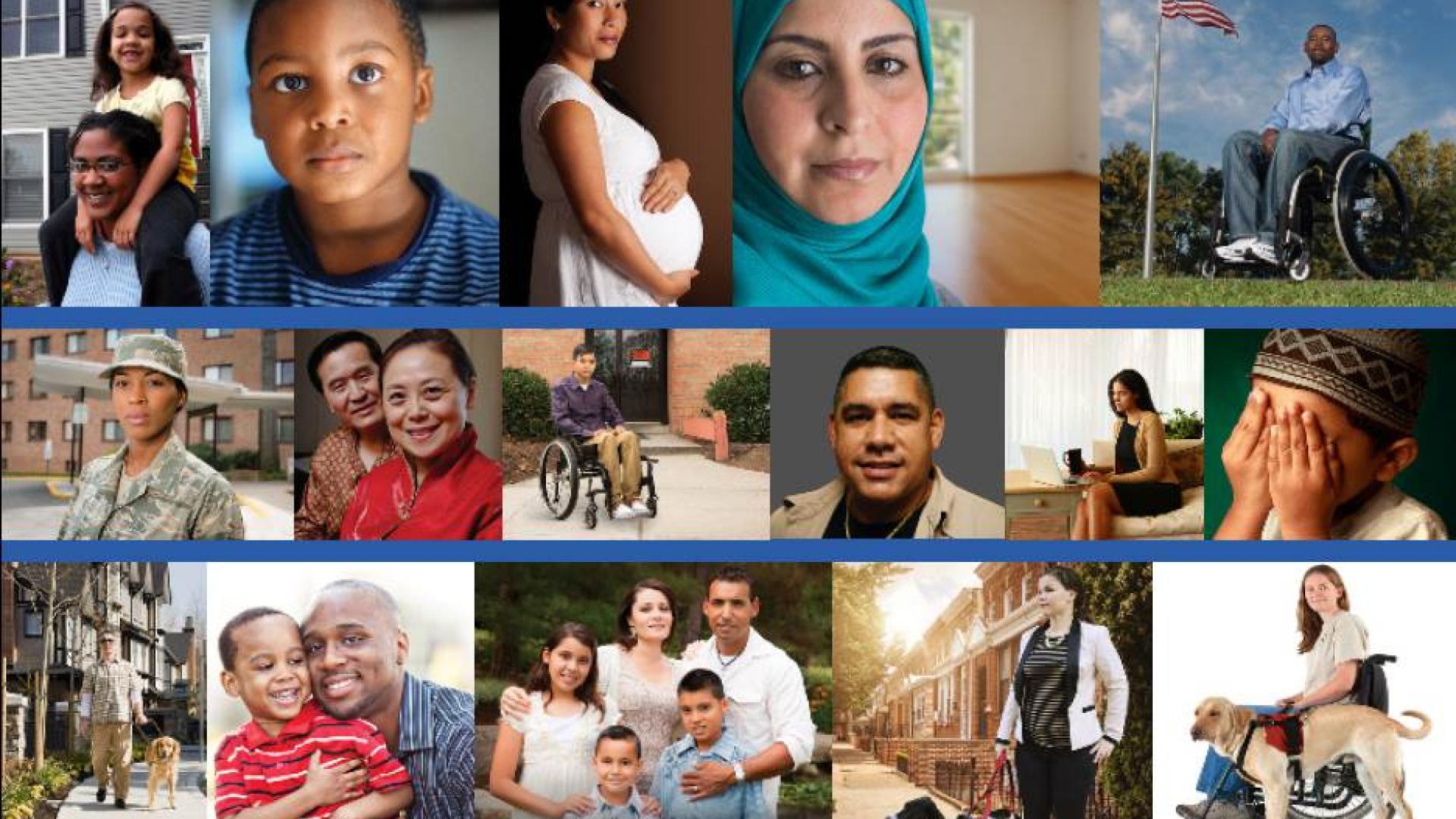 Collage of diverse groups of people with their families and pets.