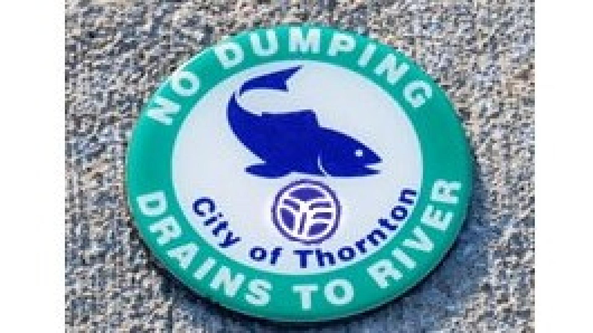 Blue fish graphic in green border, "No dumping, drains to river"