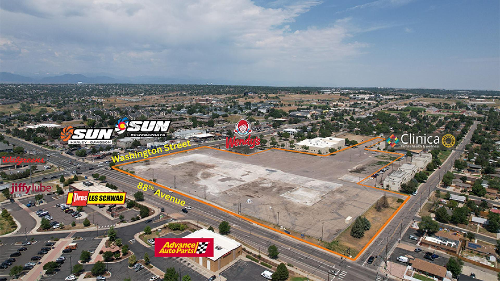 Aerial view of the Thornton Shopping Center site with surrounding businesses highlighted.
