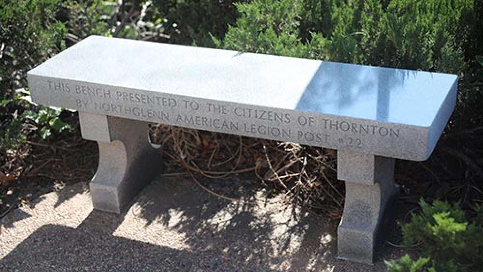 This bench presented to the citizens of Thornton by Thornton VFW Post #7945.