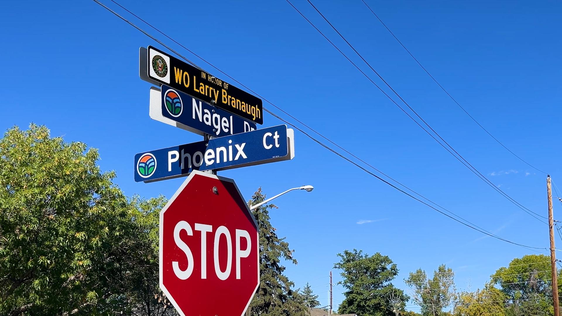 Honorary street name sign Warrant Officer Larry James Branaugh (Nagel Drive).