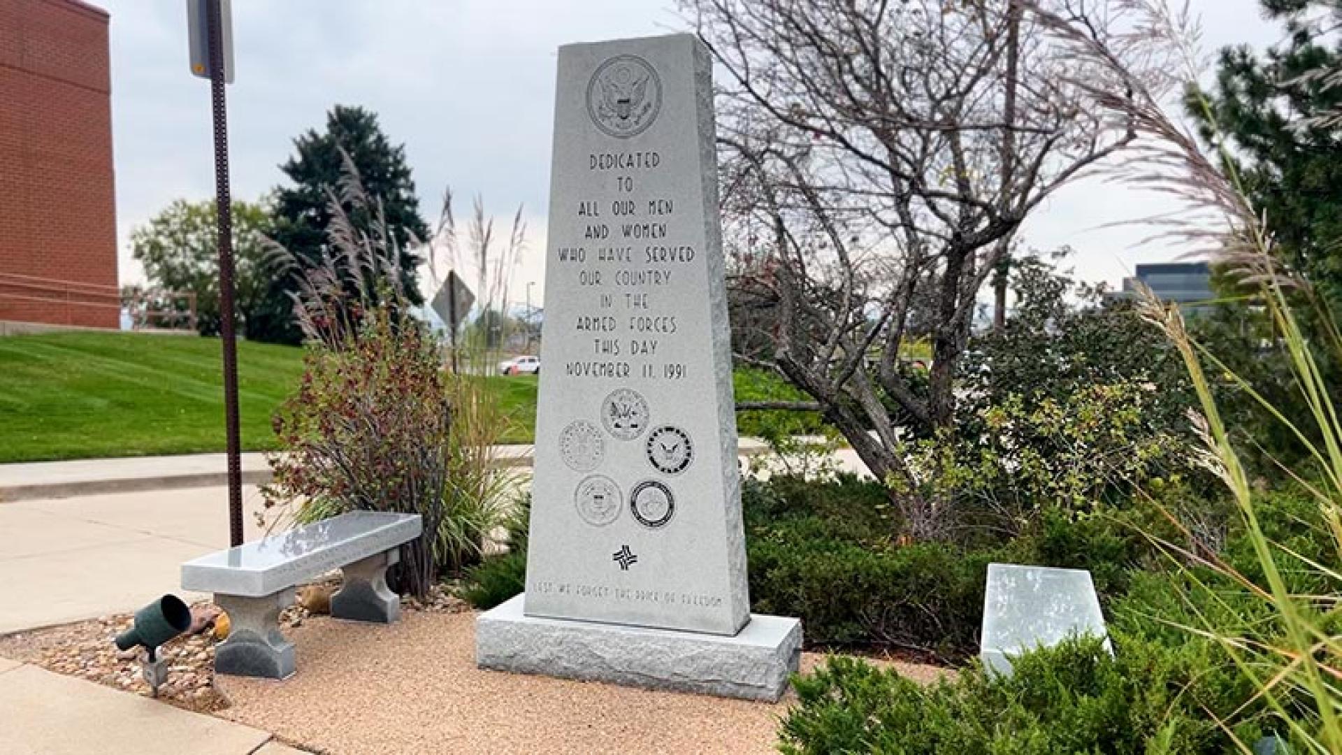 Large stone monument (monolith) at Thornton Civic Center. 