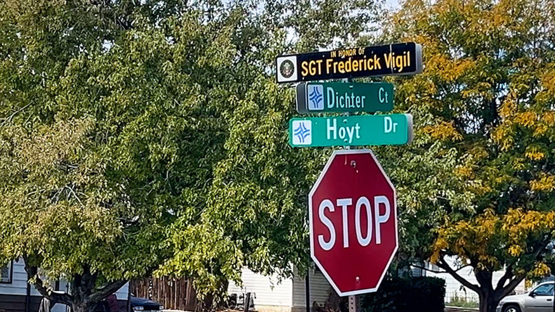Honorary street name sign Sergeant Frederick Anthony Vigil (Hoyt Drive).