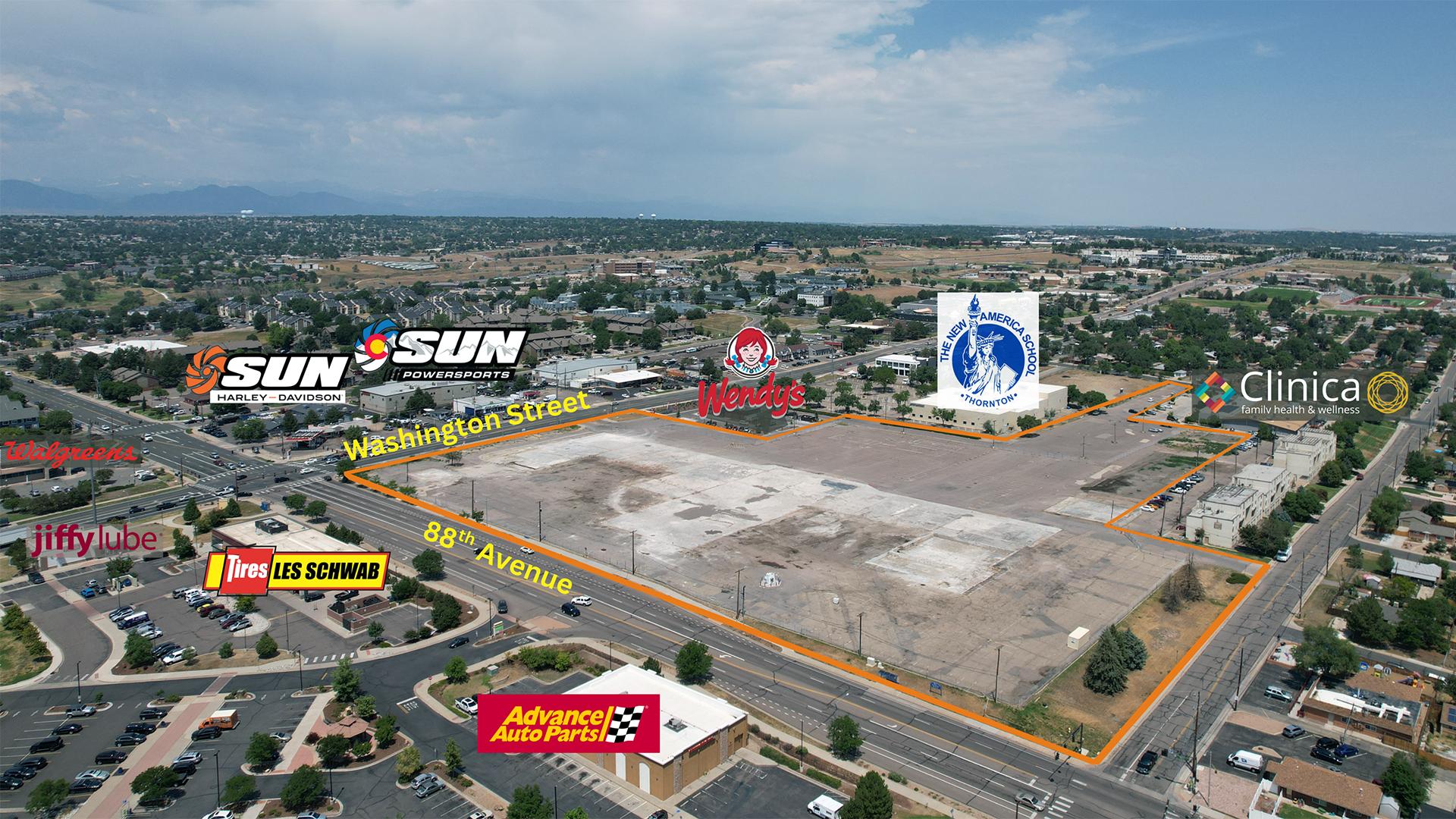 Aerial view of the Thornton Shopping Center site with surrounding businesses highlighted.