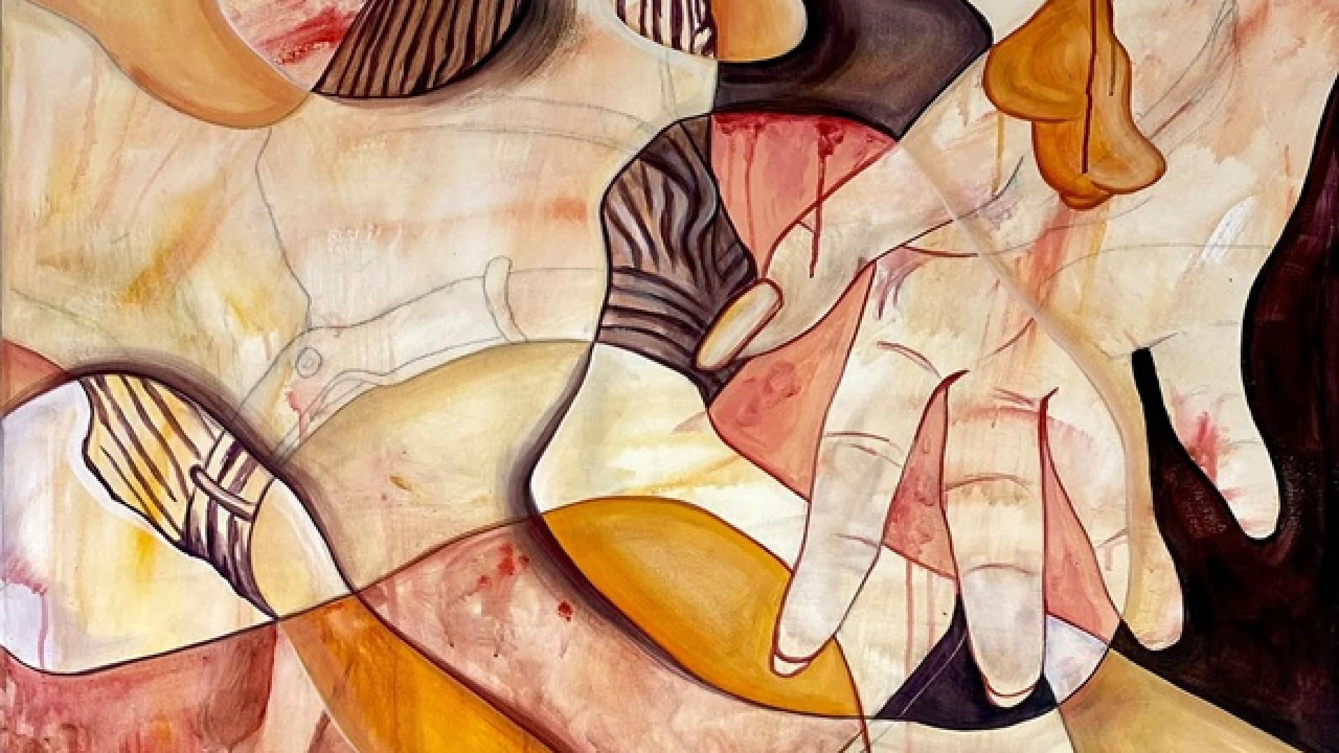 Multicolor modern painting showing hand mixed with other objects