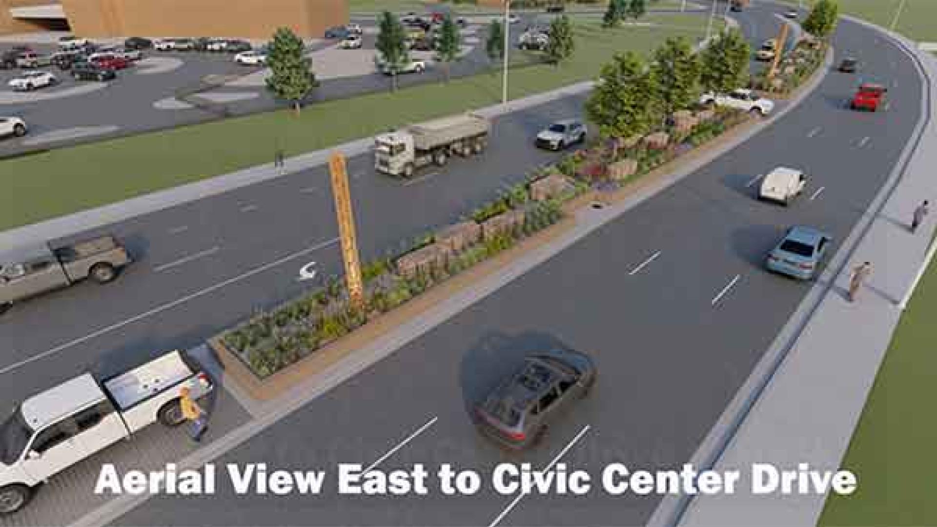 Computer rendering of Thornton Parkway in the day.