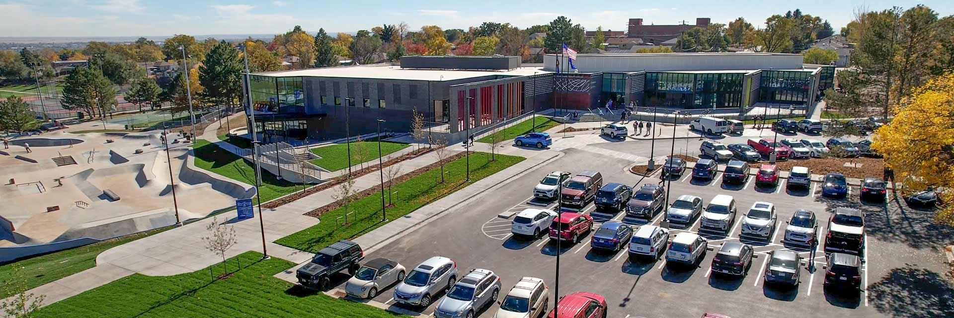 Thornton Community Center aerial view of building.