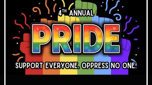 Graphic for the 4th Annual Thornton Pride celebration. Large rainbow text reads “PRIDE” above the tagline: Support Everyone. Oppress No One. Colorful raised fists and confetti appear in the background with a black gradient below.