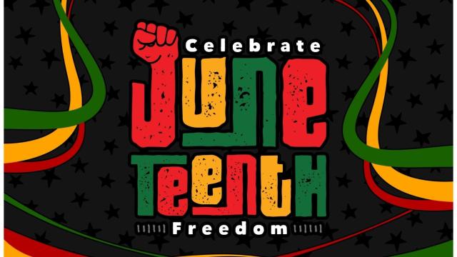 Celebrate Juneteenth Freedom graphic with bold red, yellow, and green lettering, a raised fist icon, and flowing ribbon accents on a black background.