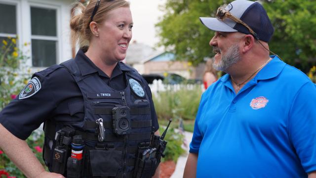 Police officer and man talking