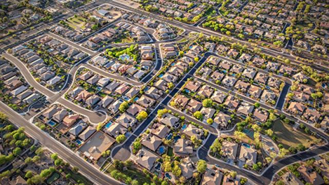 Aerial view of a neighborhood.