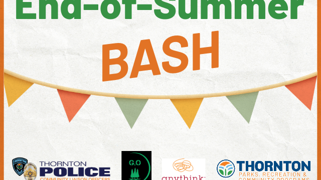 end-of-summer bash graphic with colorful pennant flags and sponsor logos