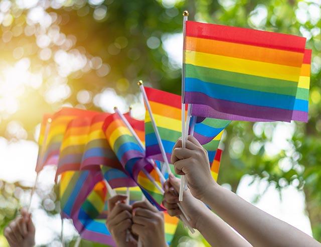 Multiple hands holding rainbow flags with tree leaves in the background.
