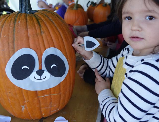 Young girl decorating a pumpkin.