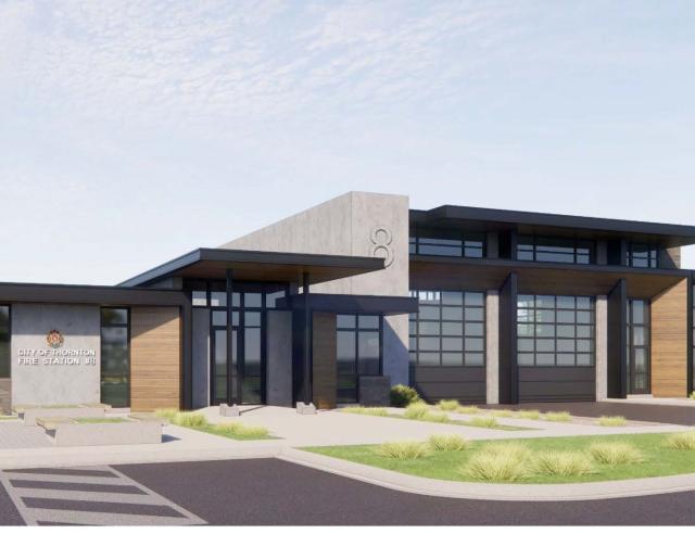 Architectural rendering of the new Thornton Fire Station 8.