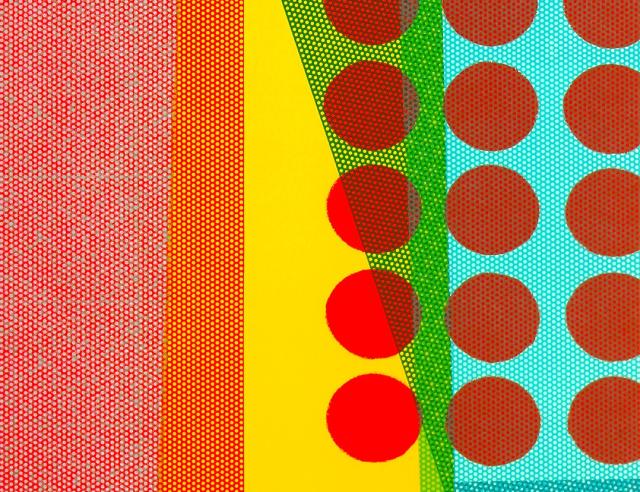 Image of Evan Colbert's Omnichromatic art work of primary colors and geometric shapes.
