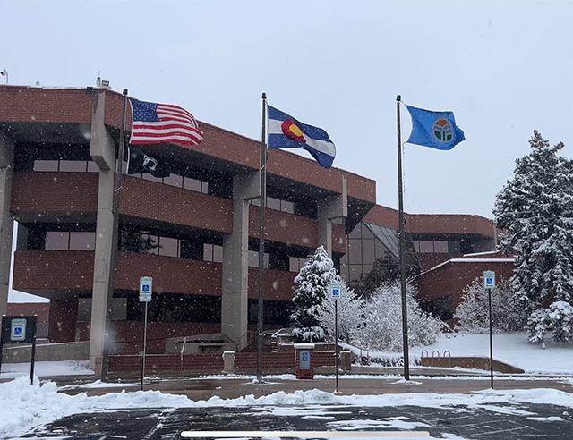 Thornton City Hall with Snow falling