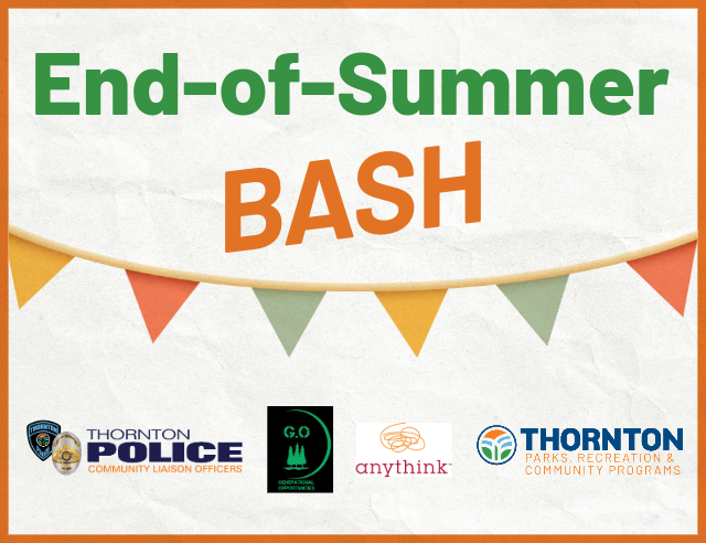 end-of-summer bash graphic with colorful pennant flags and sponsor logos