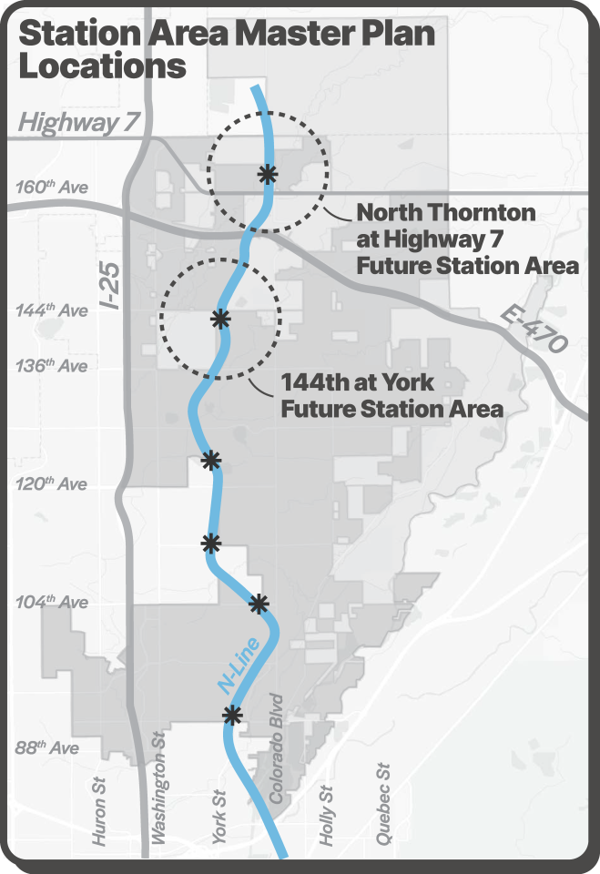 This map depicts the city limits of Thornton as well as the N Line Running through it. Additionally, it calls out the 144th at York Future Station Area and the North Thornton at Highway 7 Future Station Area