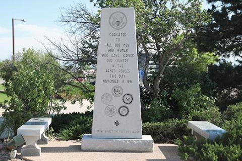 Large stone monument (stele or monolith) at Thornton Civic Center. 