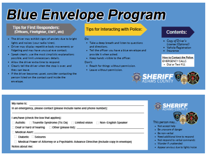 Blue Envelope Program, front and back with tips and information gathering.